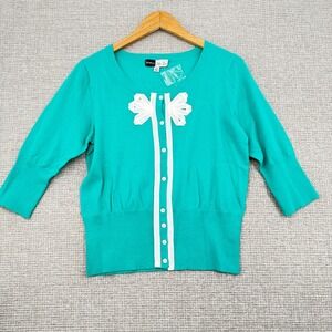 Simply Chloe Dao Cardigan Sweater Bow Front Button Knit Teal Sz M Cottage Fairy‎